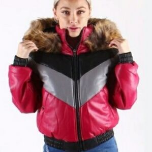 Dakoma Vegan Leather V Bomber Jacket Faux Faur Hood Size Large